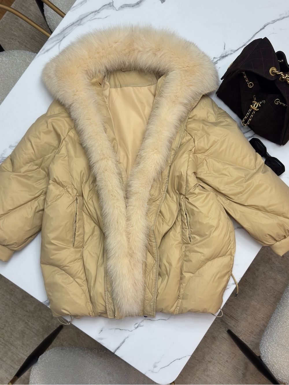 Women’s Beige Puffer Coat with Fur Natural Fox Trim 🦊🍁🍂